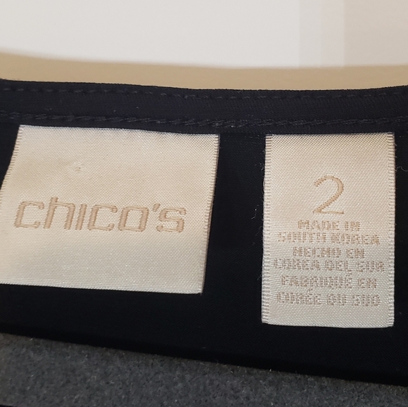 Chico's Side Ruched Black Stretch Tunic Short Sleeve Asymetrical Raw Hem Size 2 - Picture 8 of 13